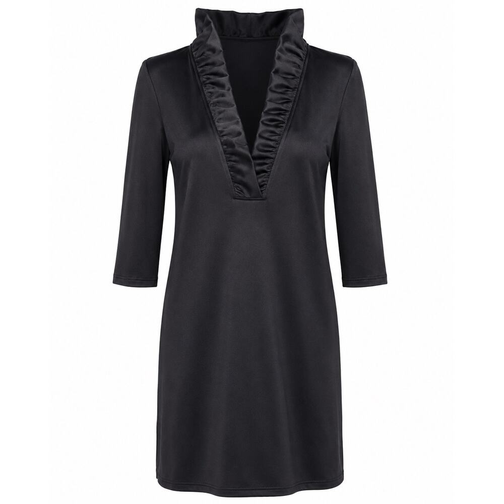 Gretchen Scott Black Ruffle Collar Shift Dress XL 3/4 Sleeve Performance Fabric